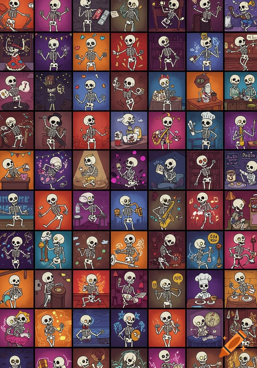 A grid of 100 colorful cartoon skeletons, each doing a unique activity such as dancing, playing instruments, or cooking.