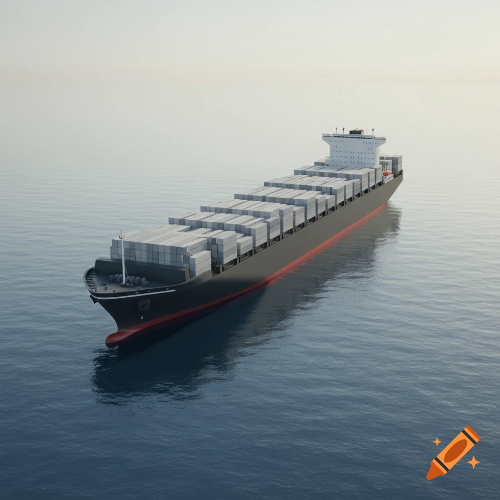 A simplified, high-angle view of a large container ship with gray containers sailing on calm water under a hazy sky.
