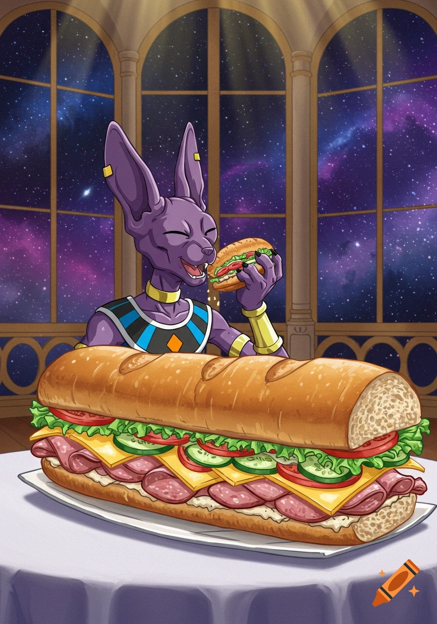 Beerus, a purple cat-like deity, happily eats a large submarine sandwich, holding a smaller one, with a starry space view through a window.