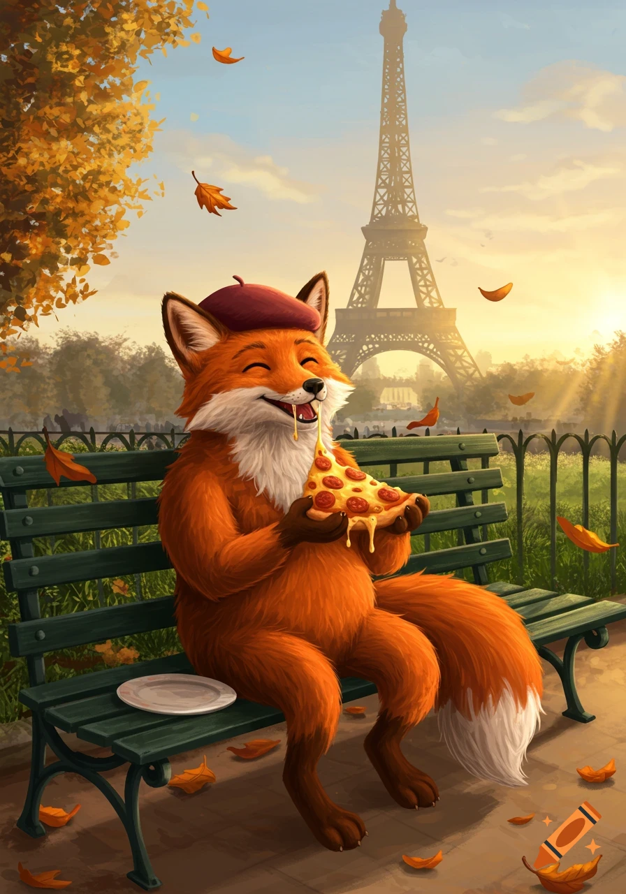 A happy cartoon fox wearing a beret eats a slice of cheesy pizza on a park bench, with the Eiffel Tower in the background at sunset, autumn leaves falling.