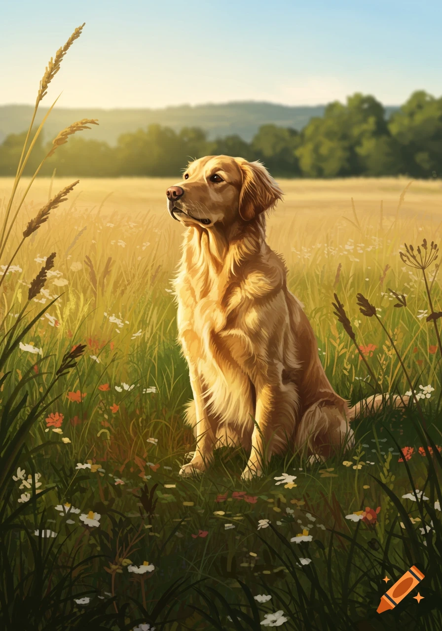 A golden retriever sits in a sunlit field with tall grass and ...