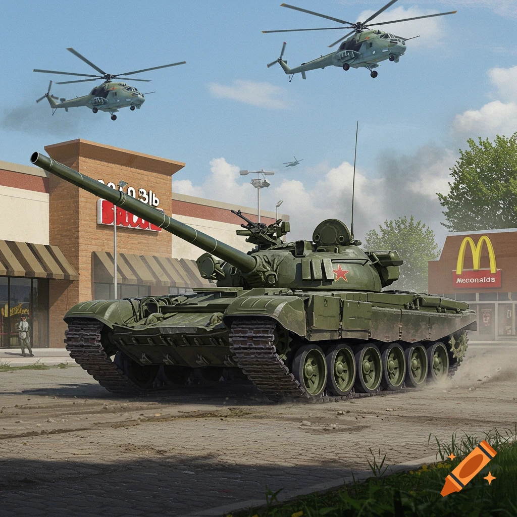 Photorealistic image of a Soviet T-72 tank with a red star on its turret on a street in front of a McDonald's and shopping center, with two Mi-24 helicopters flying overhead.
