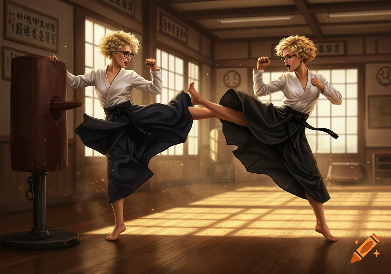 Two twin women with curly blonde hair and glasses practice martial arts in a dojo, one kicking a practice dummy.