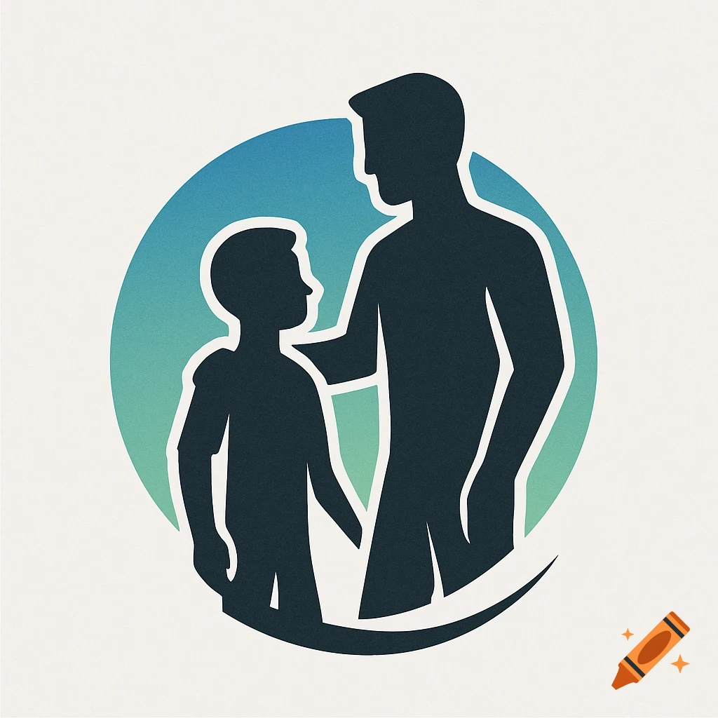 A stylized logo silhouette of an adult man with his hand on a child's shoulder, against a blue-green gradient circle.