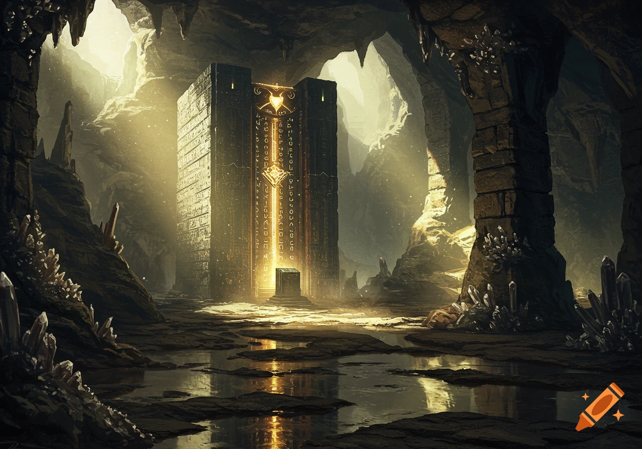 A mysterious glowing ancient structure with symbols inside a dark cave, surrounded by crystals and reflective water.