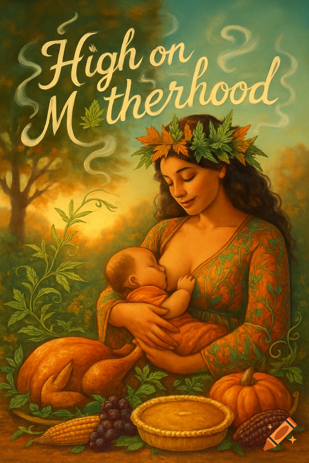 Painterly image of a woman with a cannabis leaf wreath breastfeeding a baby, surrounded by Thanksgiving food, with "High on Motherhood" text above.