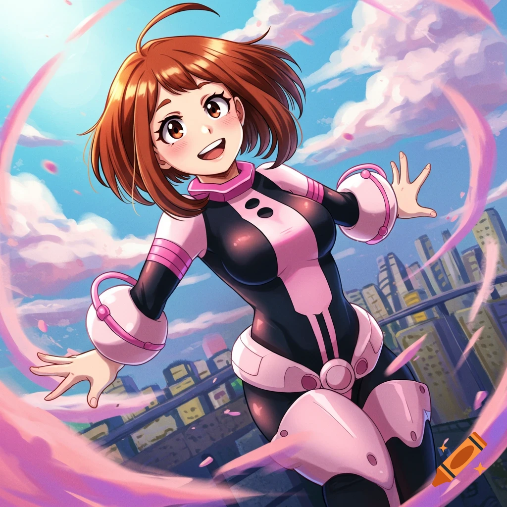 Anime girl Ochako Uraraka in her black and pink hero suit, smiling and floating against a city and sky background.