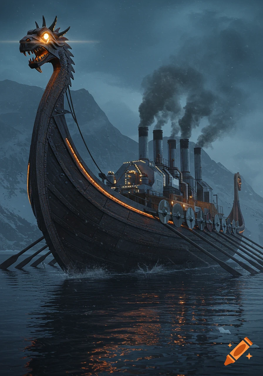 Dark industrial Viking longship with a dragon head and smoking chimneys sails on a choppy sea with snowy mountains in the background.