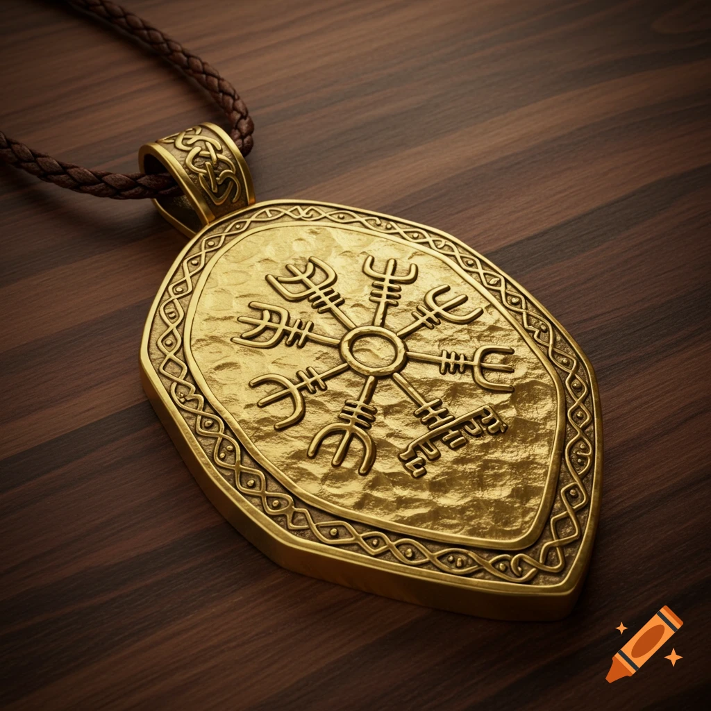 A 3D rendered hammered gold pendant featuring a Viking bindrune symbol, resting on a wooden surface.