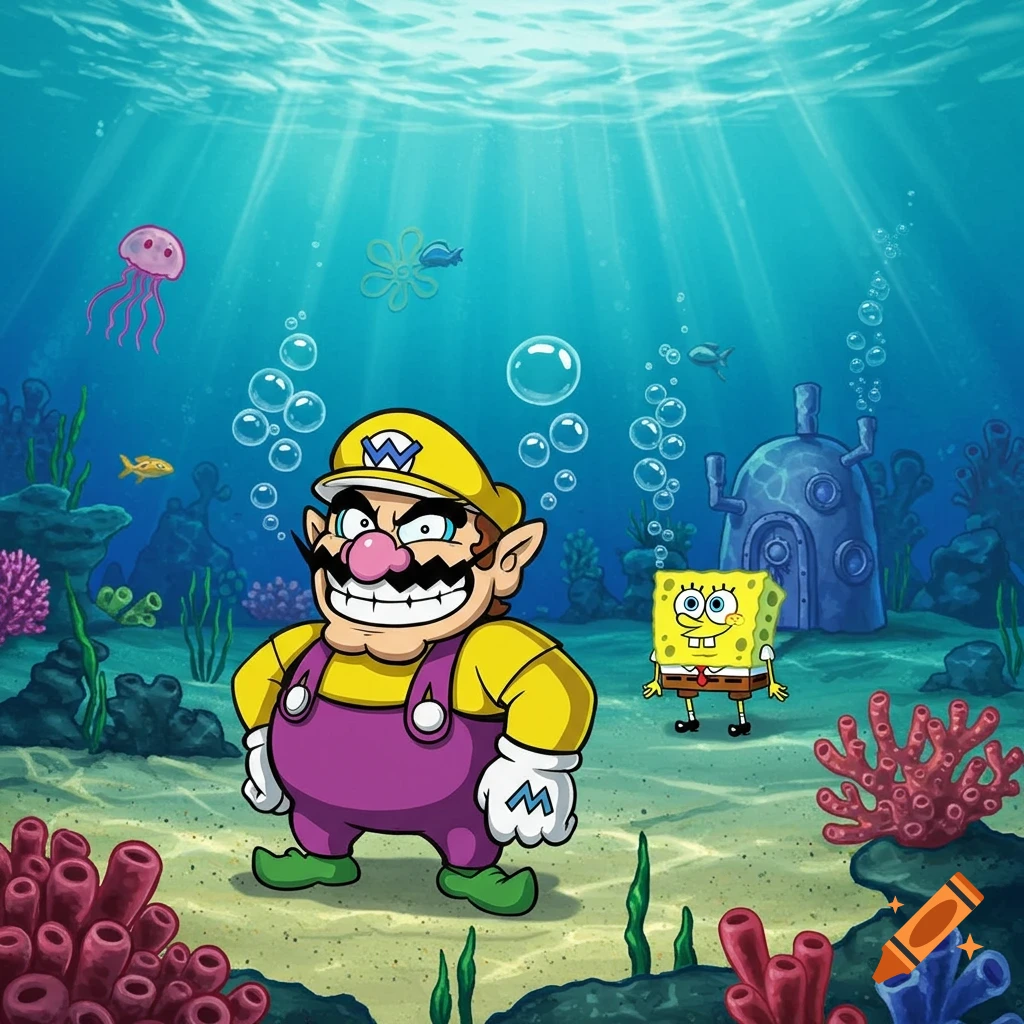 Wario, wearing yellow and purple, stands on the ocean floor near Spongebob and a pineapple house, surrounded by coral and fish.