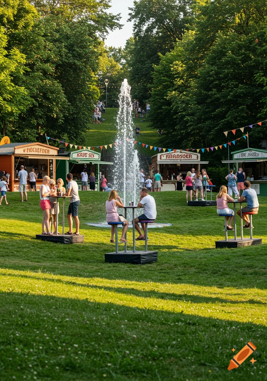People socialize at outdoor high tables around food stalls and a fountain in a sunny park with hills.