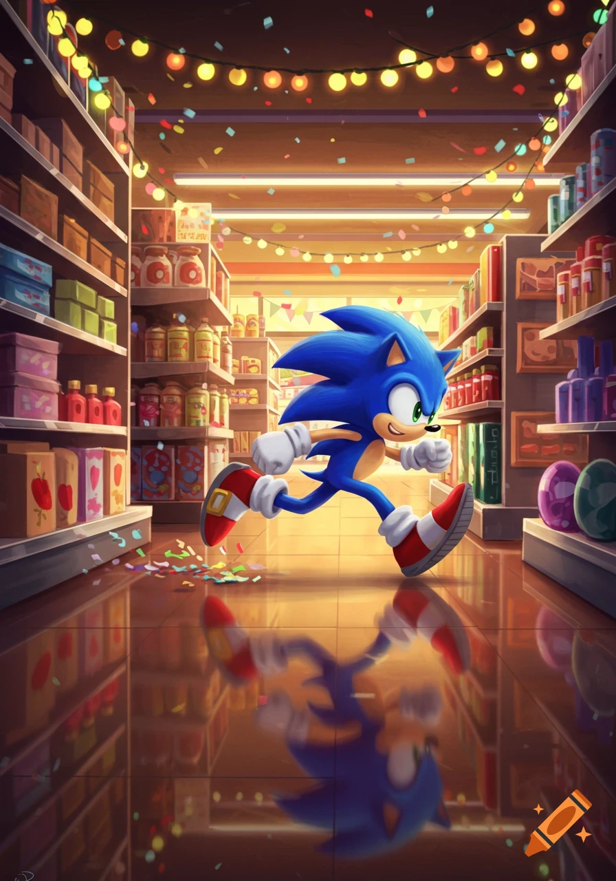 Sonic the Hedgehog runs through a supermarket aisle filled with products, confetti, and string lights, with his reflection visible on the shiny floor.
