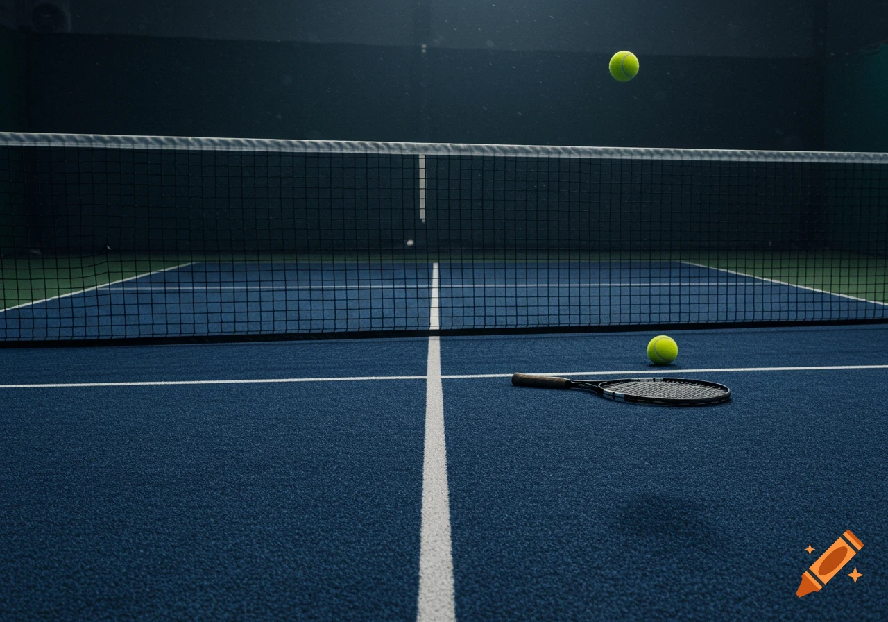 An indoor tennis court with a blue carpet surface, net, white lines, a tennis racket, and two tennis balls, one bouncing in the air.