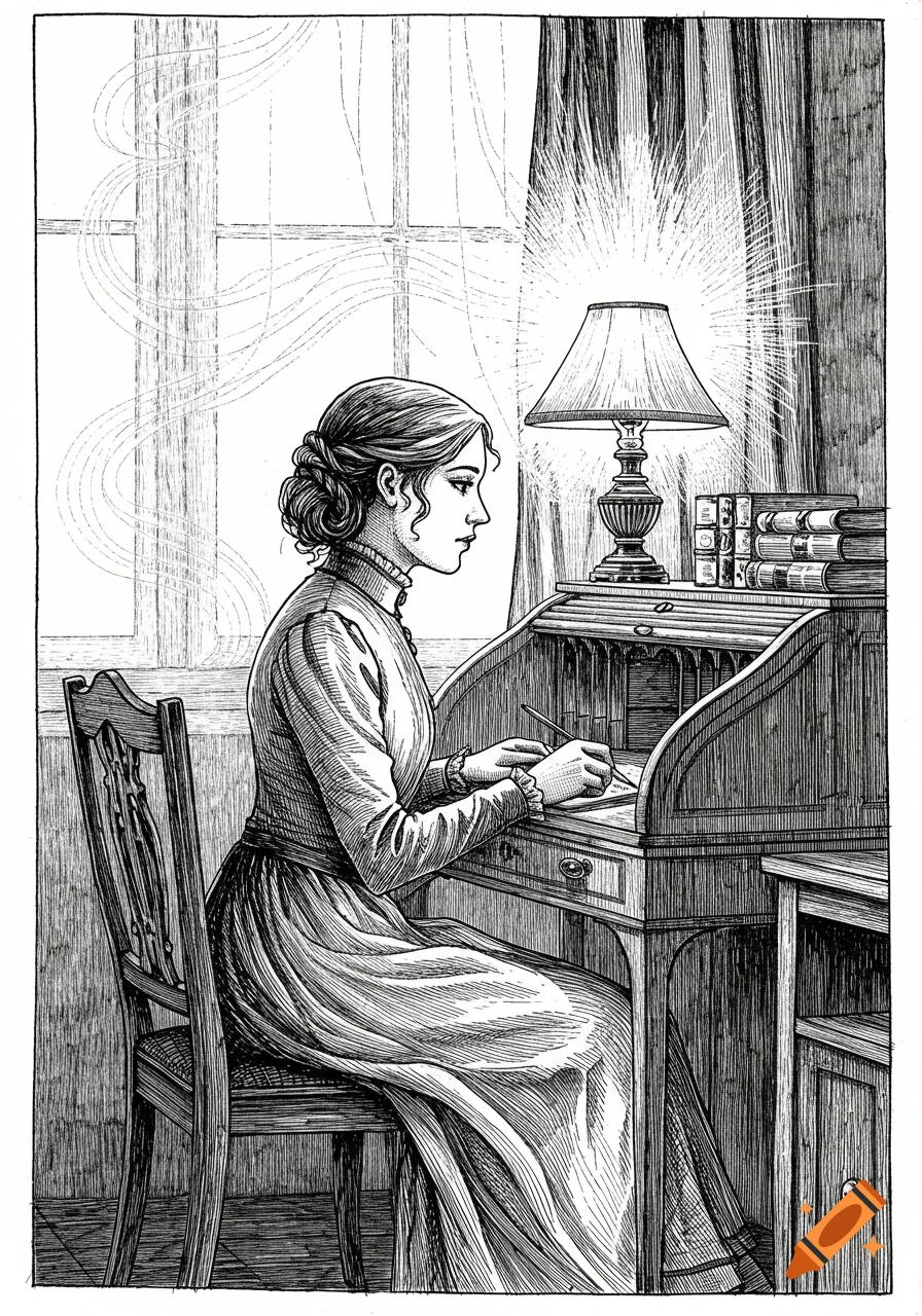 A detailed pen-and-ink illustration of a Victorian woman writing at a roll-top desk by lamplight near a window.