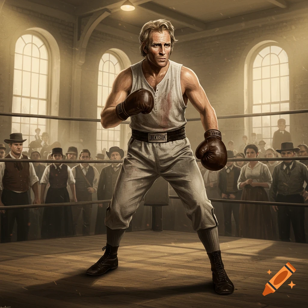 A determined boxer in a white tank top and brown gloves stands in a boxing ring, surrounded by a period-dressed crowd in a large hall.