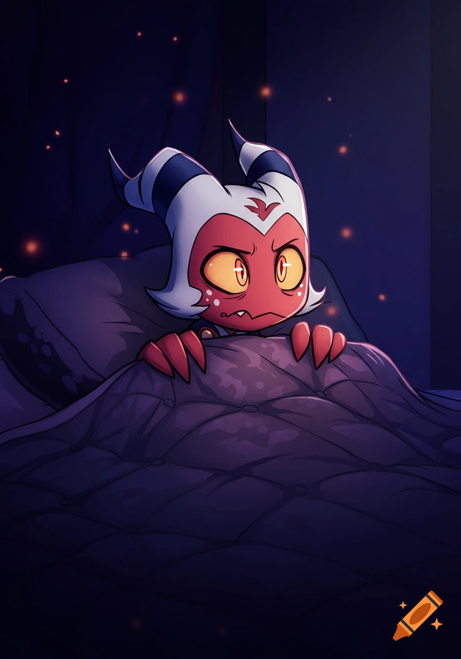 Moxxie from Helluva Boss, with a scared expression and wide yellow eyes, peeking out from under a purple duvet blanket in a dark room.