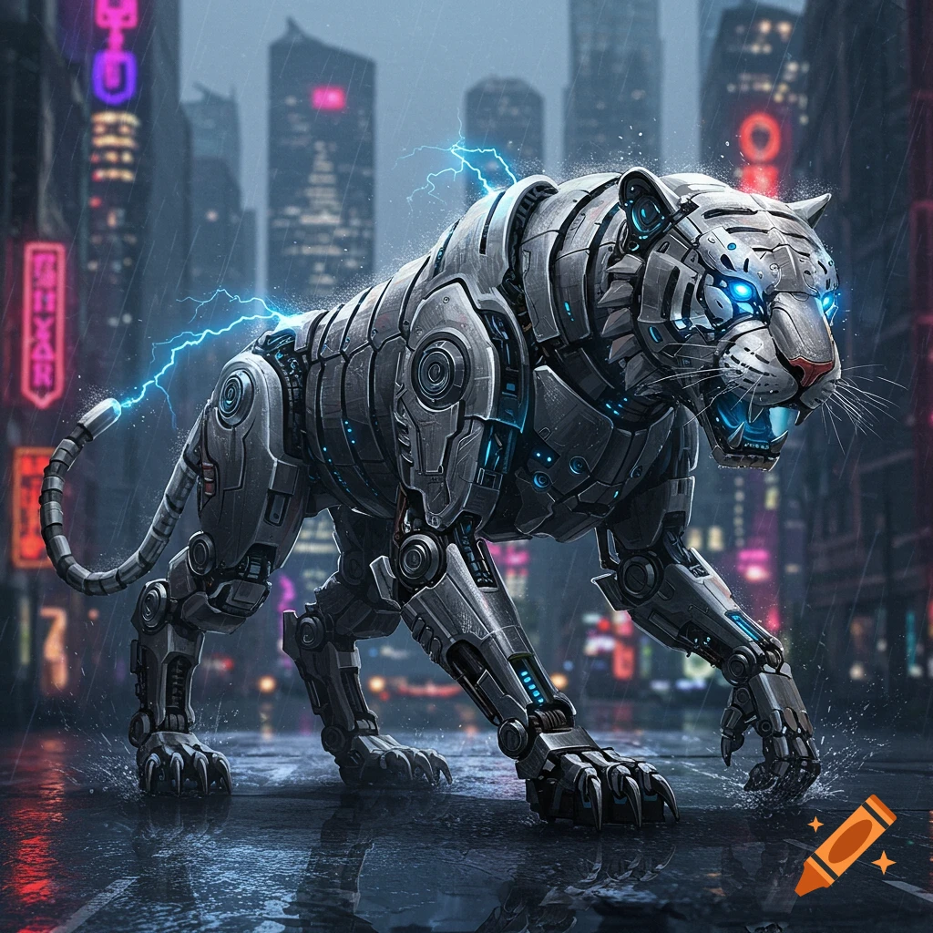 A robotic tiger with glowing blue eyes and electricity walks through a rainy, neon-lit futuristic city at night.