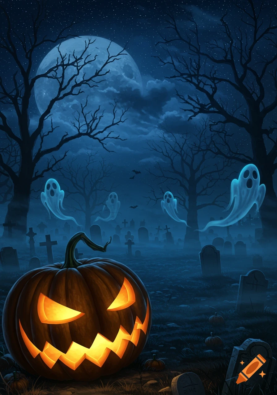 A spooky Halloween scene with a glowing jack-o'-lantern in a foggy cemetery, under a full moon with ghostly figures and bare trees.