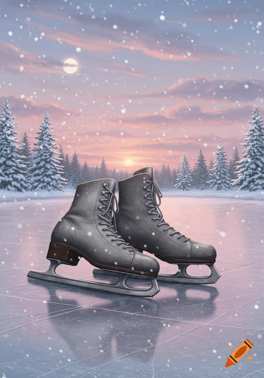 A pair of grey ice skates on a frozen surface with snowy pine trees, a pastel sky, and falling snow at sunset. Illustrated.