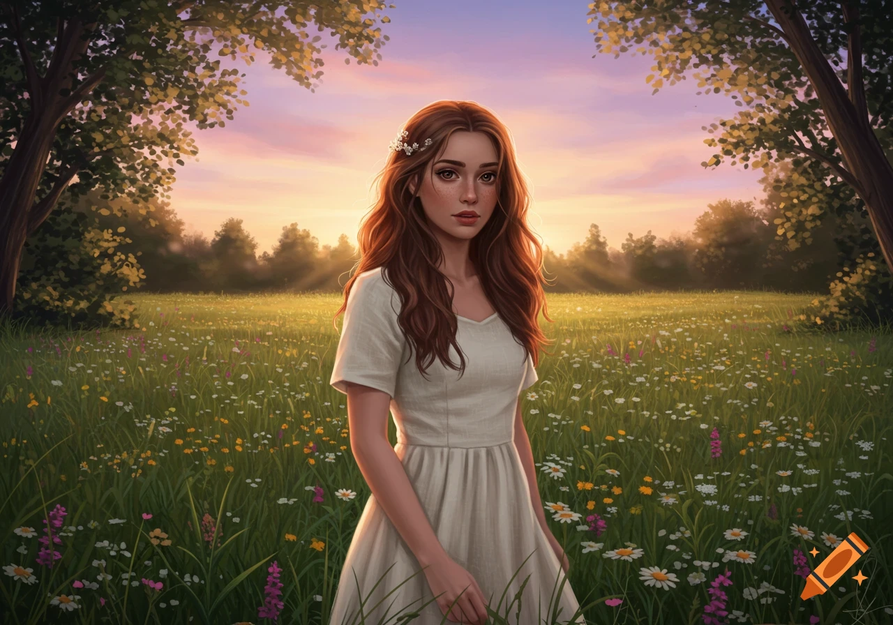 An illustrated portrait of a young woman with long brown hair standing ...
