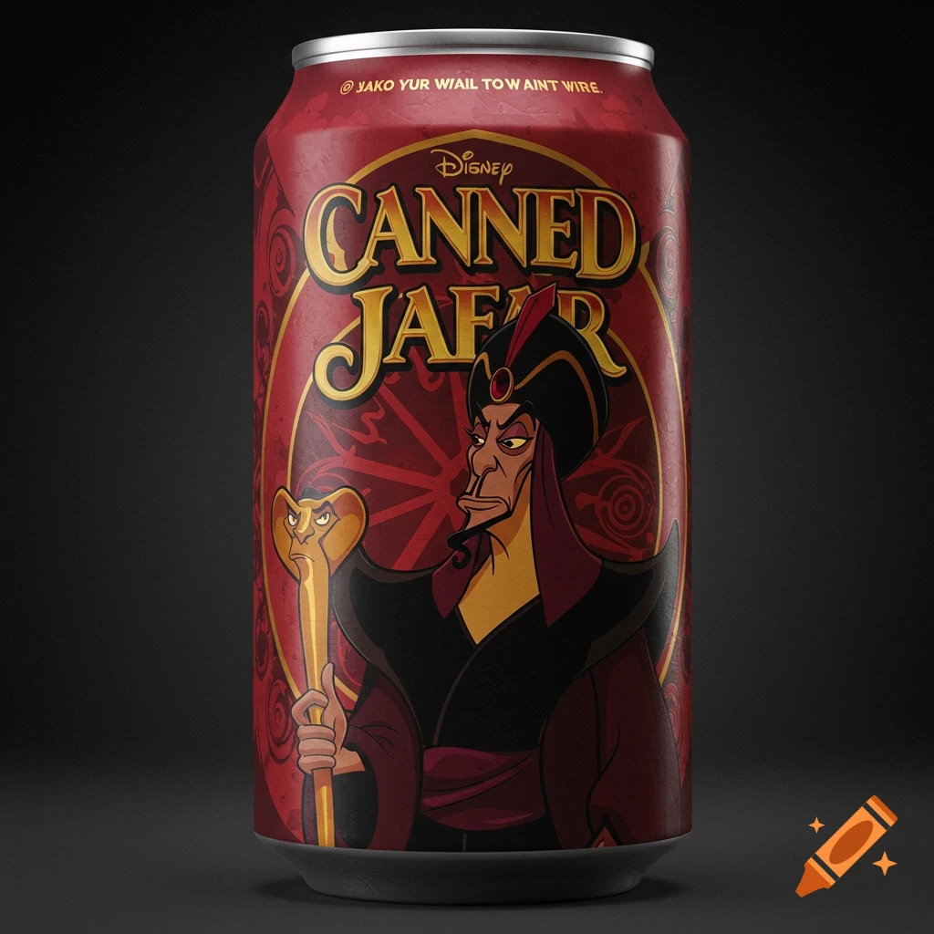 A red soda can features a label with Disney's Jafar holding his staff. The text "CANNED JAFAR" is prominently displayed in gold.