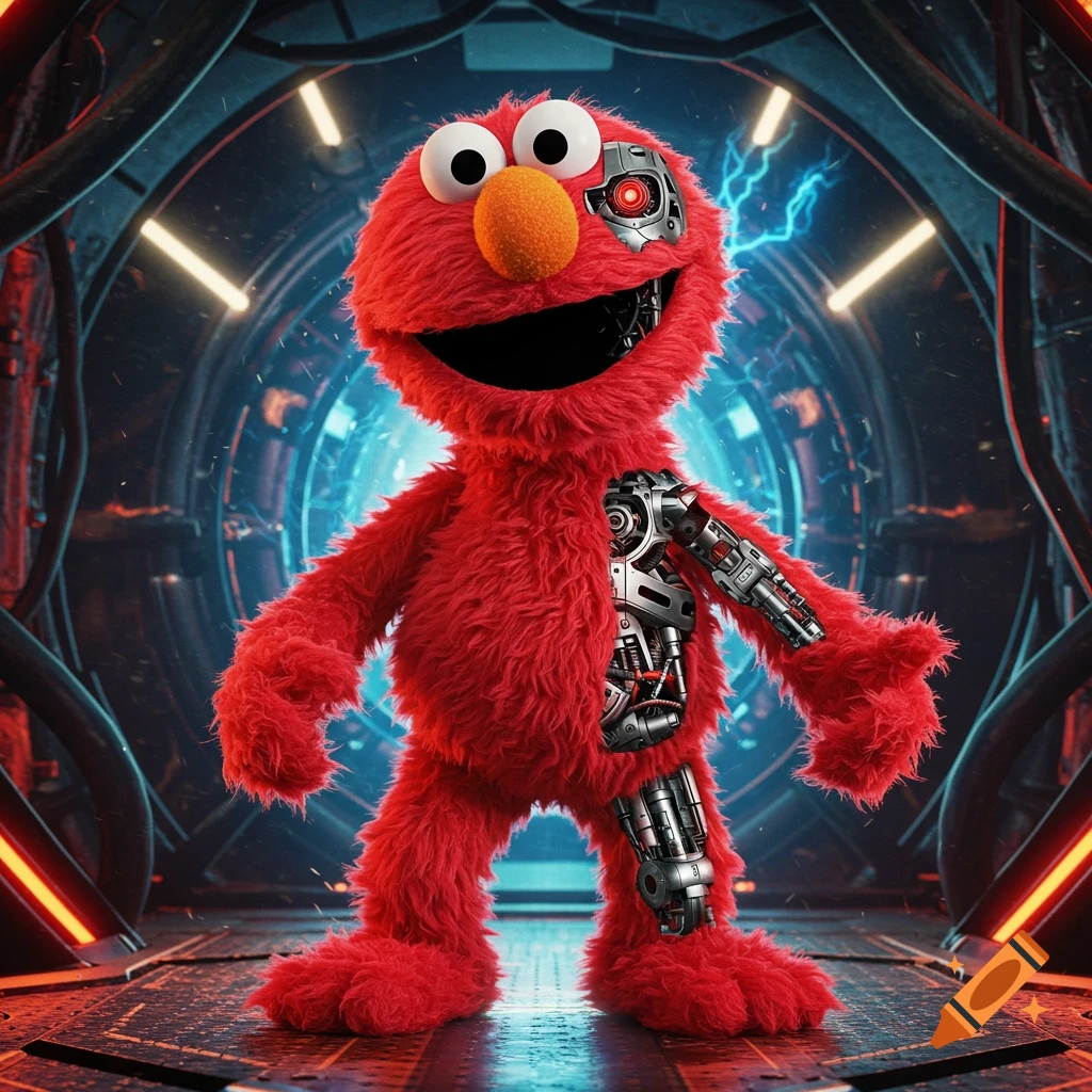 Elmo with a metallic cyborg endoskeleton exposed under his red fur, standing in a dark futuristic tunnel with blue and red lights.