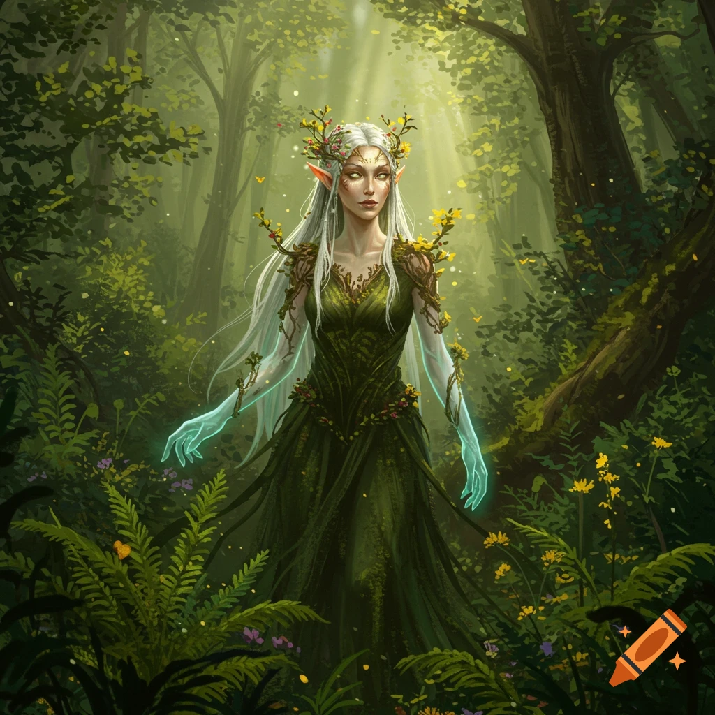 A mystical forest elf with long white hair and a green dress stands in ...