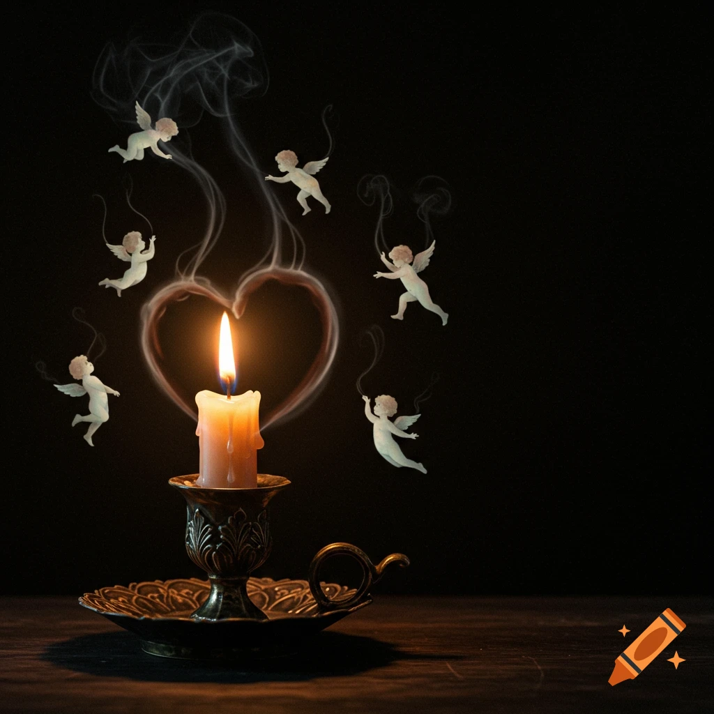 A lit candle in a decorative holder, with smoke forming a heart shape, surrounded by small flying cherubs against a dark background.