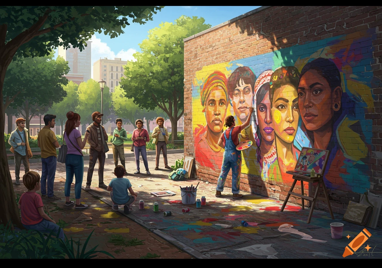 An artist paints a vibrant mural of five diverse faces on a brick wall as people watch in an urban park, with paint cans on the ground.