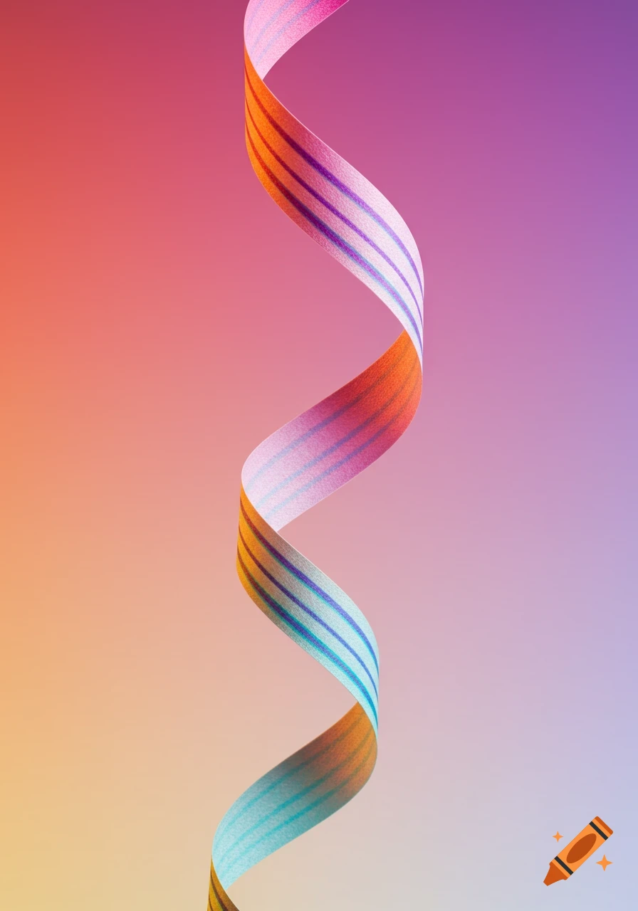 A colorful, striped ribbon spirals vertically against a soft orange, pink, and purple gradient background.