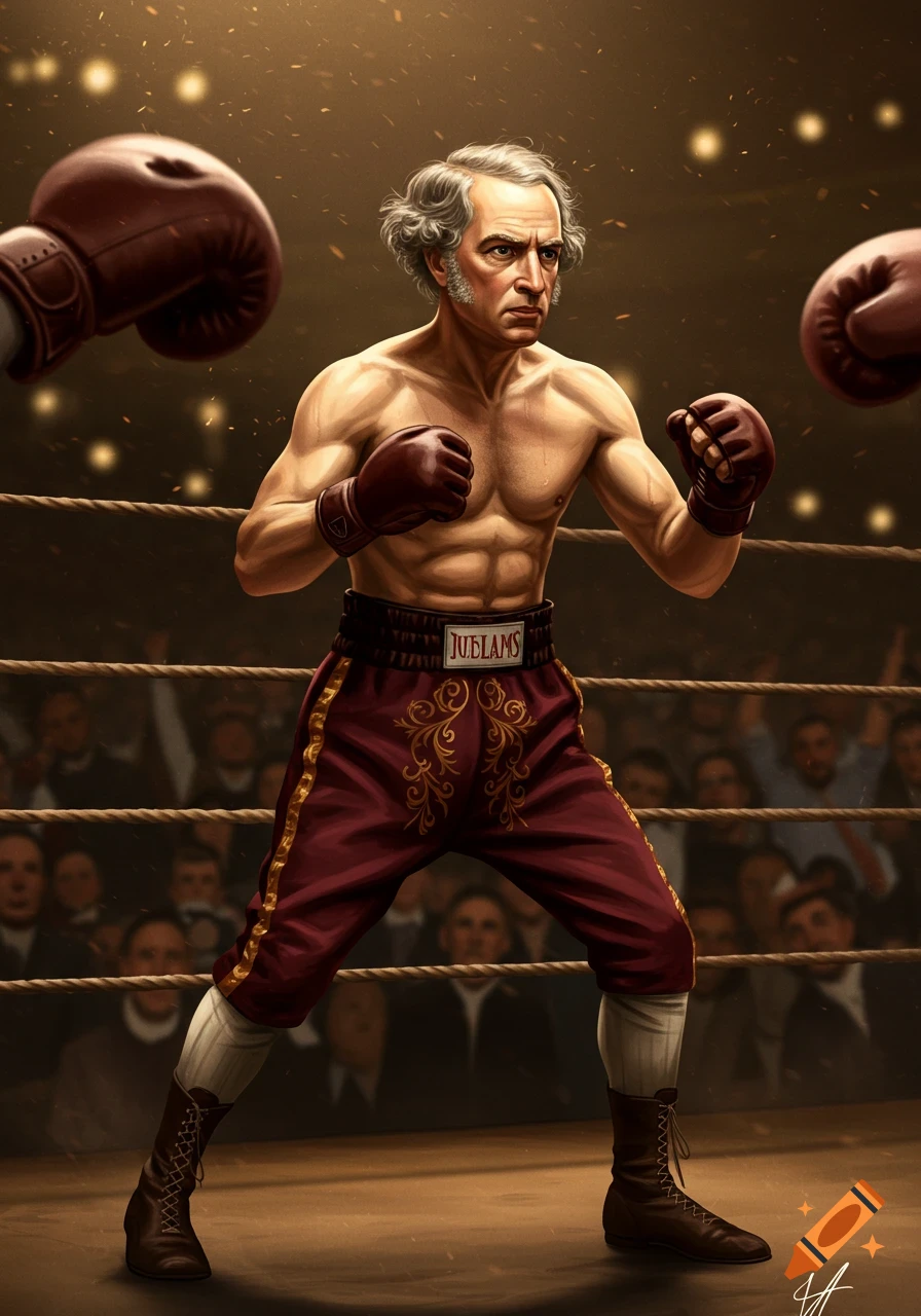 A muscular, grey-haired man in vintage boxing gloves and red shorts stands in a boxing ring, ready to fight.