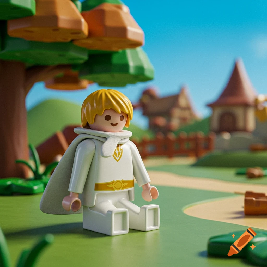 A Playmobil figure with blonde hair and a white and gold outfit sits in a green field with a tree and village in the background.