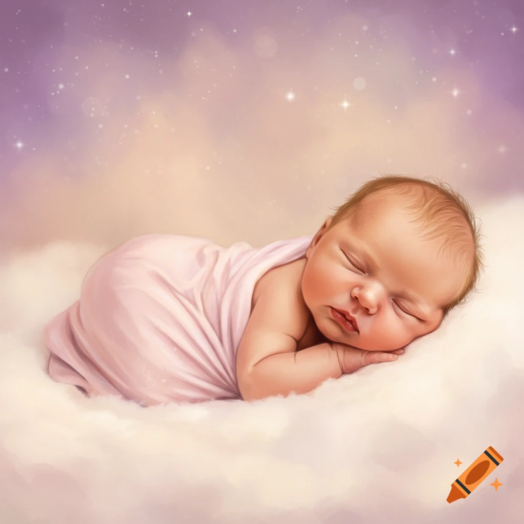Dreamy illustration of a newborn baby sleeping peacefully on a white cloud, wrapped in a pink blanket, against a starry purple sky.