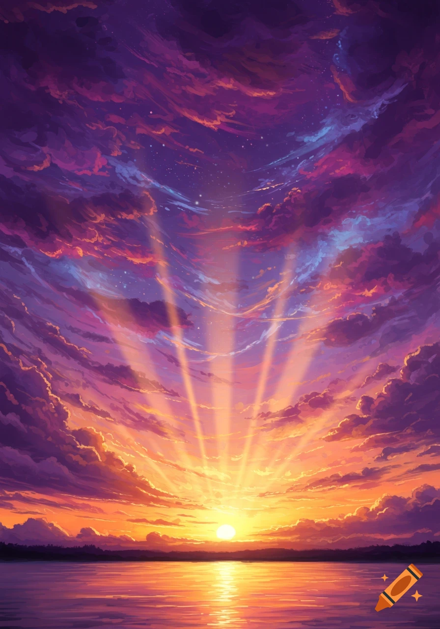 Vibrant anime-style sunset over water with a kaleidoscope of purple, orange, and pink clouds, and sun rays reflecting.