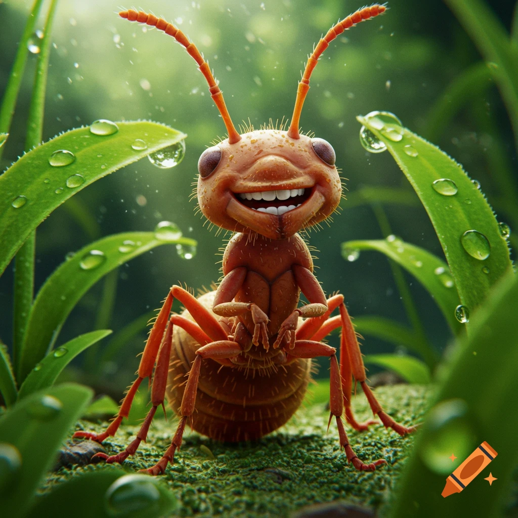 A close-up of a happy, smiling orange ant with large teeth, sitting on mossy ground surrounded by green leaves and dewdrops.