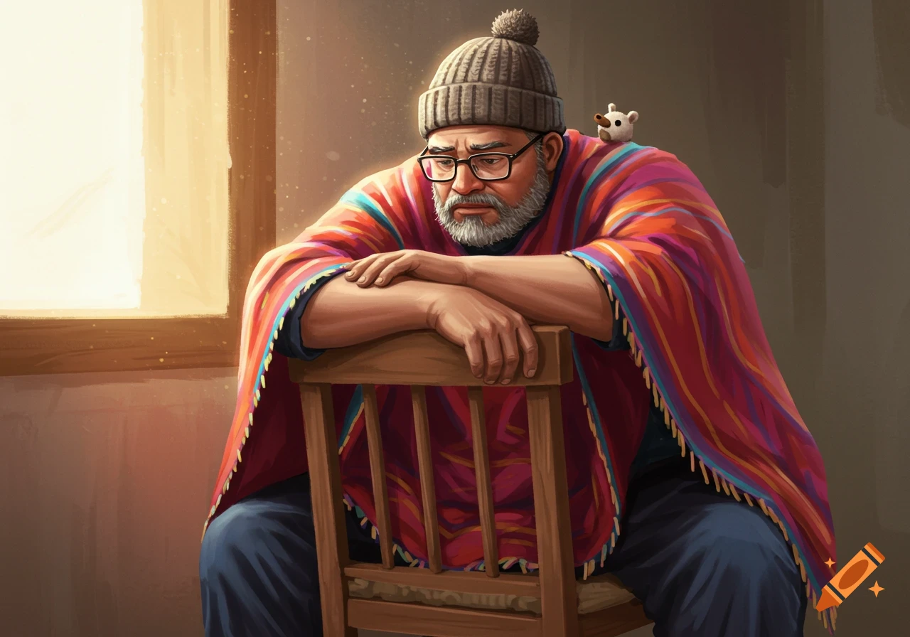 A bearded man in glasses, a beanie, and a colorful poncho sits backward on a chair with a small white creature on his shoulder, looking thoughtful.
