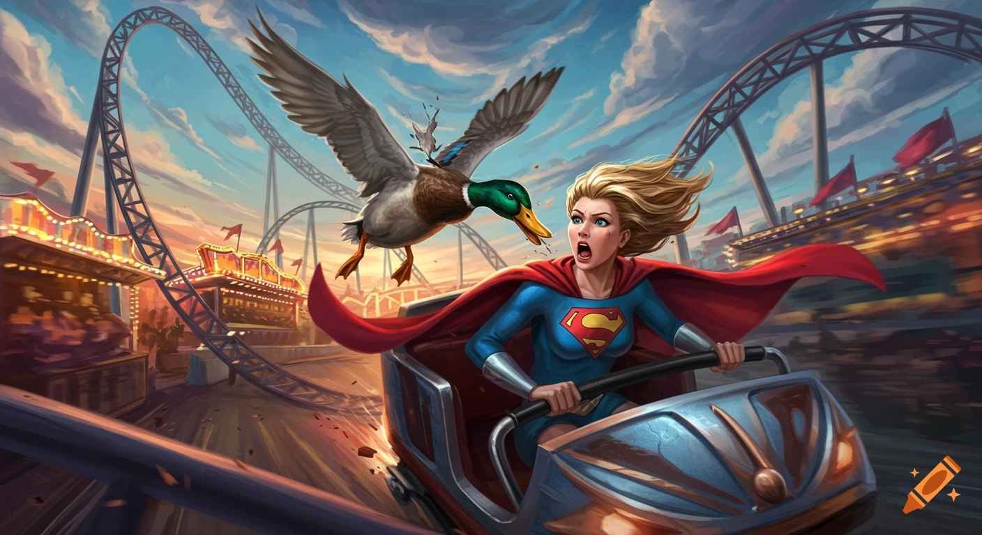 Supergirl screams in shock as a duck collides with her while she rides a rollercoaster at an amusement park in a dynamic comic art style.