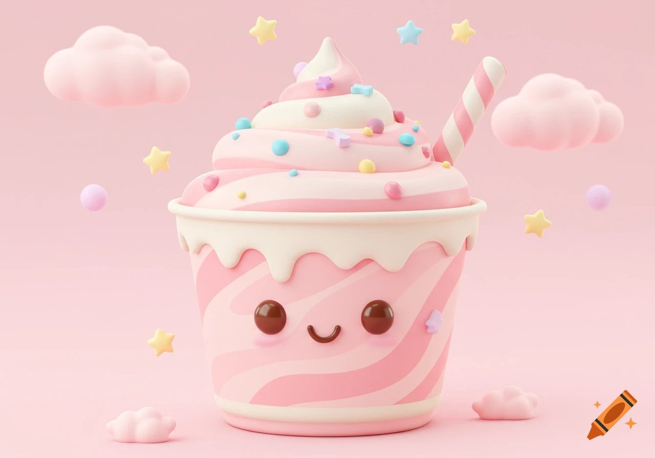 A cute 3D pink yogurt dessert with a smiling face, sprinkles, and a striped straw, surrounded by clouds and stars.