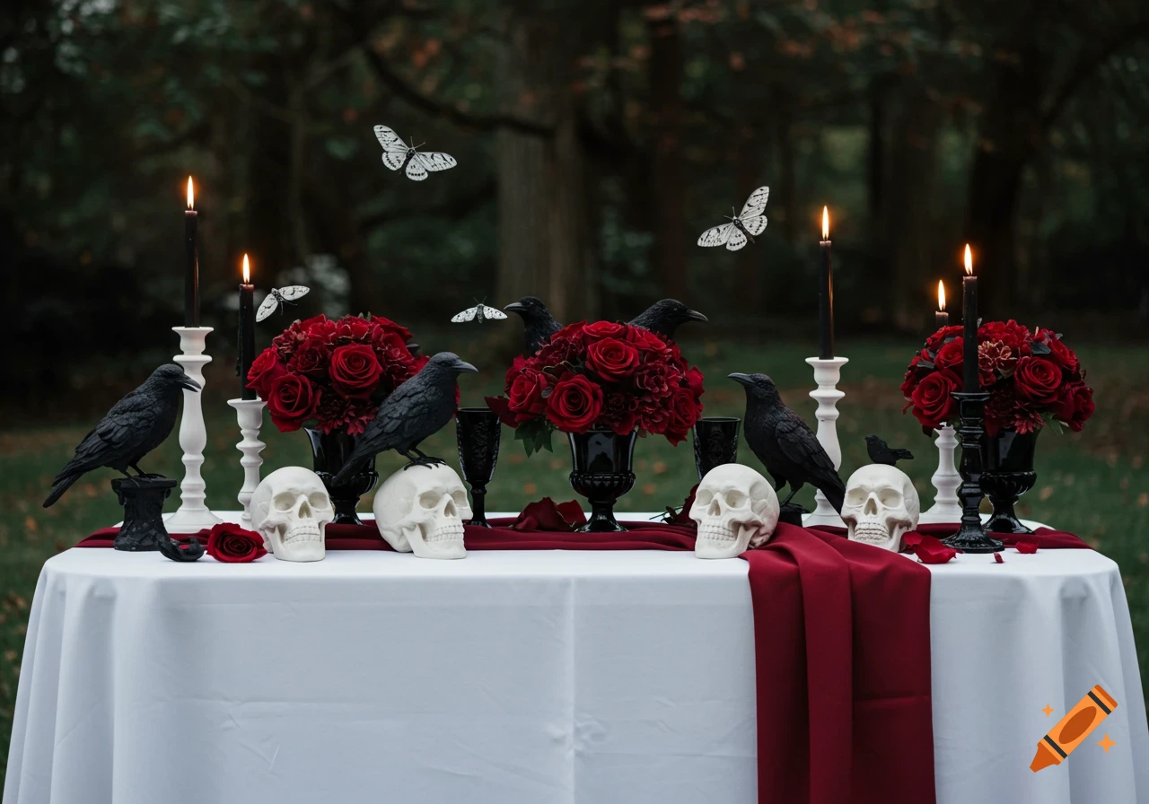 A gothic tablescape outdoors with white skulls, black crow figurines, red roses, and black candles on a white tablecloth with a burgundy runner.