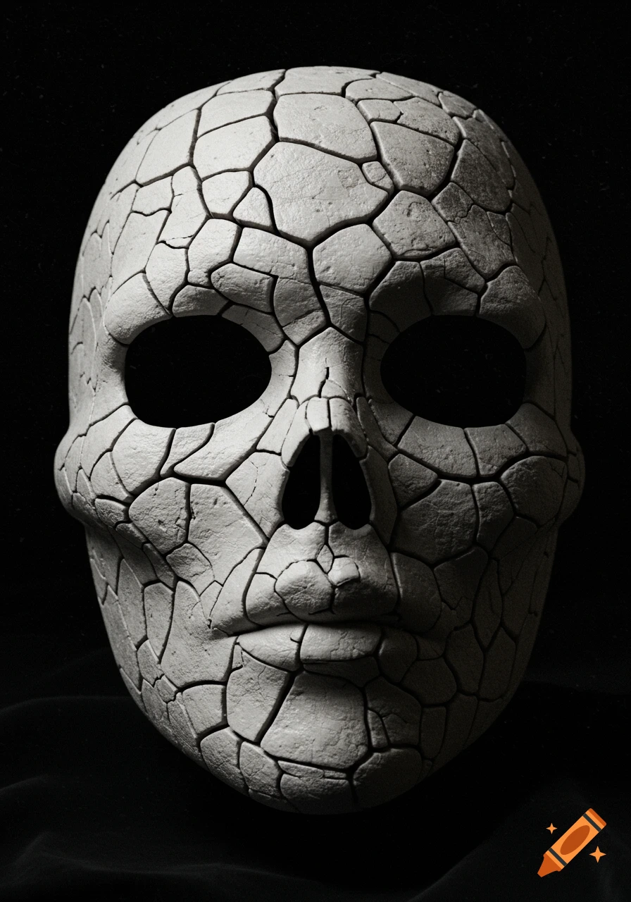 A detailed white cracked skull-shaped mask with hollow eye and nose sockets, set against a dark background.