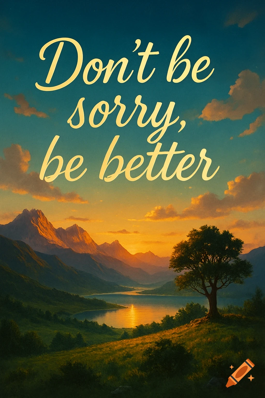 Motivational quote "Don't be sorry, be better" over a serene sunset mountain landscape with a lake and a single tree.