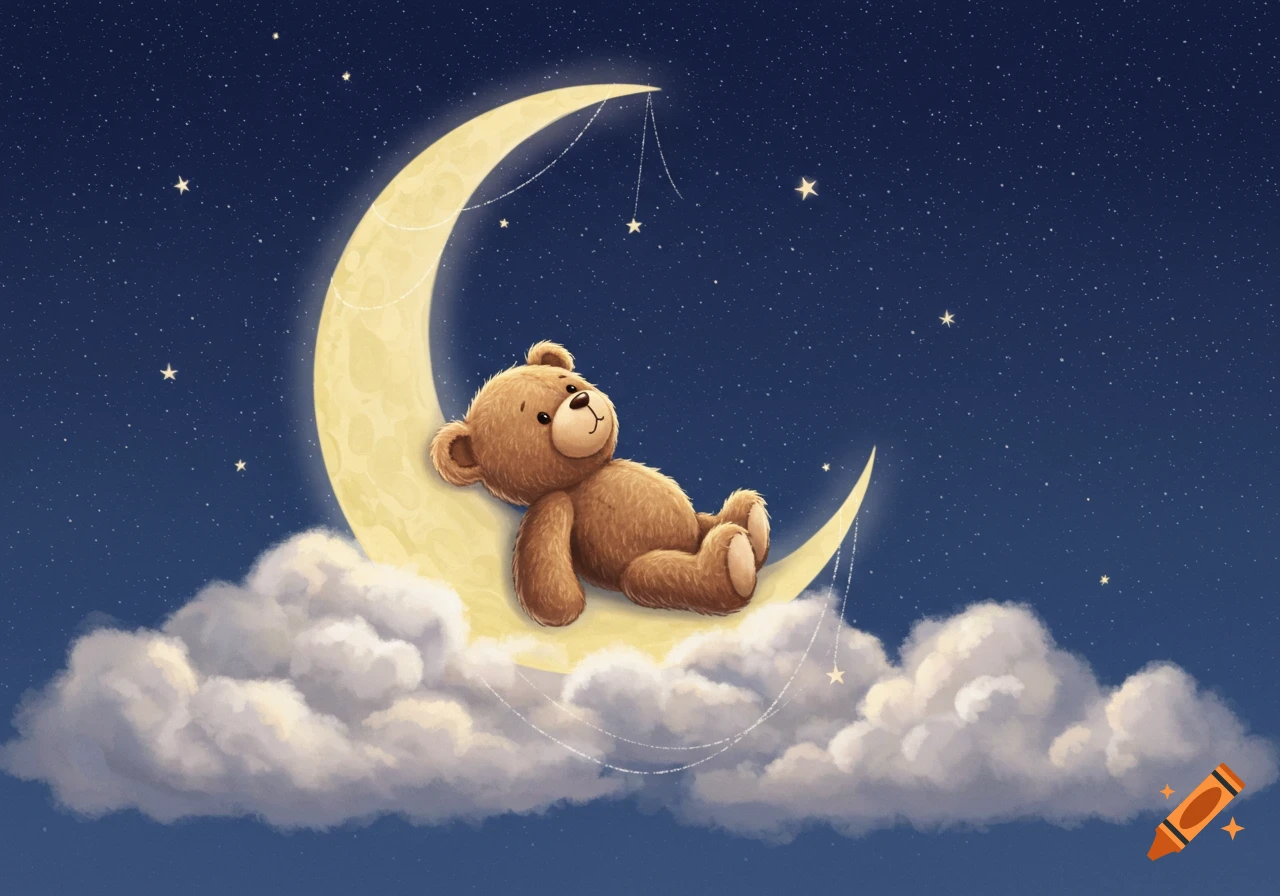 A cute brown teddy bear reclines on a yellow crescent moon, surrounded by fluffy white clouds and a starry night sky.