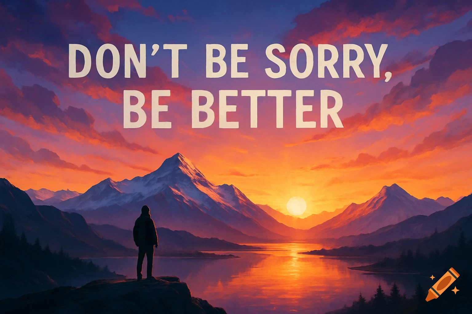 A person stands on a cliff overlooking a lake and mountains at sunset, with the text "DON'T BE SORRY, BE BETTER" in the sky.