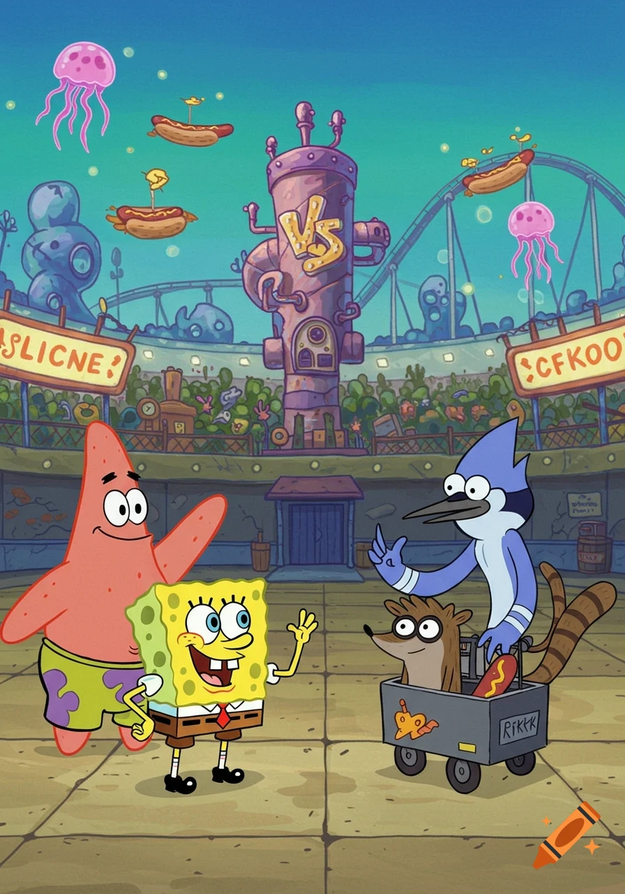 Cartoon crossover of SpongeBob and Patrick facing off against Mordecai and Rigby in a colorful, whimsical arena with floating hot dogs and jellies.