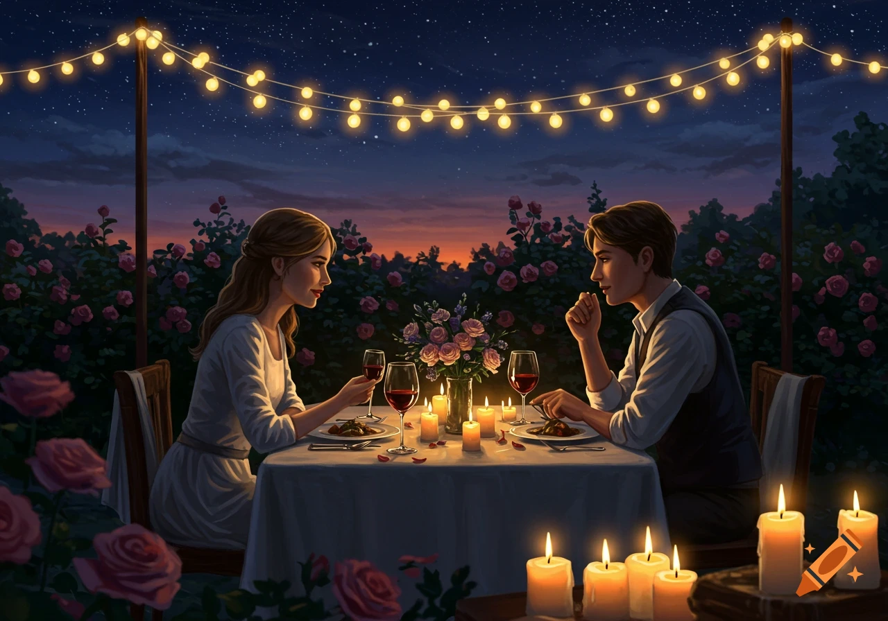 A couple enjoys a romantic candlelit dinner outdoors in a rose garden under string lights at night.