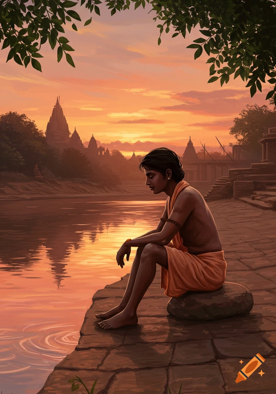 Illustrative painting of a young man in an orange dhoti sitting by a river at sunset with temples in the background.