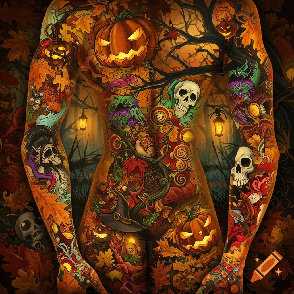 Vibrant Halloween and autumn tattoo art covering a body, featuring pumpkins, skulls, and fall foliage in an illustrative style.