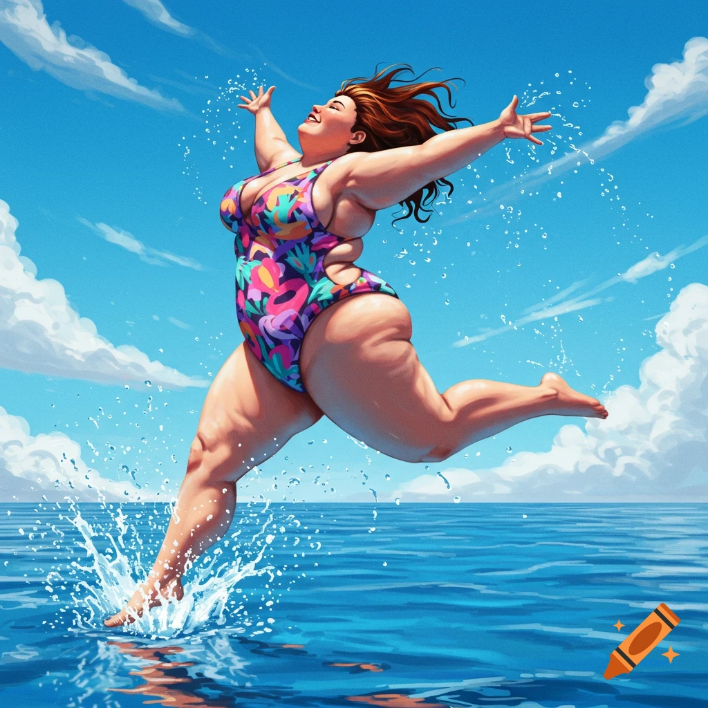 A joyful, plus-sized woman in a colorful swimsuit jumps from blue water into a bright blue sky, splashing water around her.