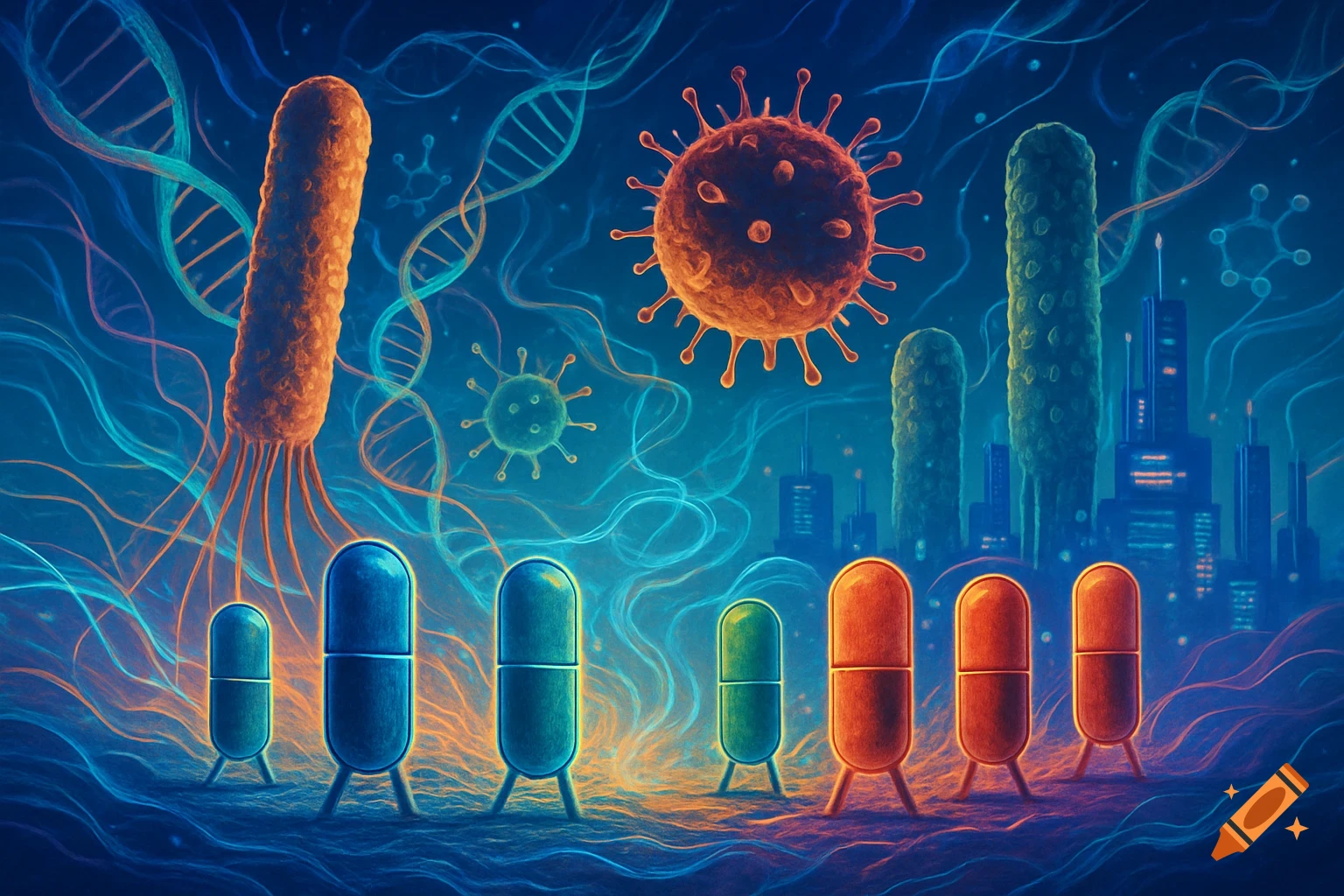 Vibrant scientific illustration of microscopic bacteria, viruses, DNA, and capsule pills, with a city skyline in the background.