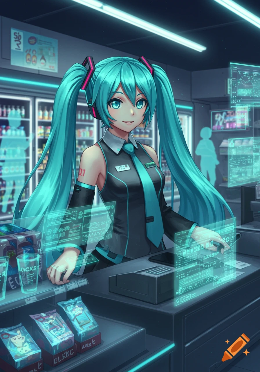 An anime girl, Hatsune Miku, with long blue pigtails and a futuristic uniform, smiles while working as a cashier surrounded by holographic screens.